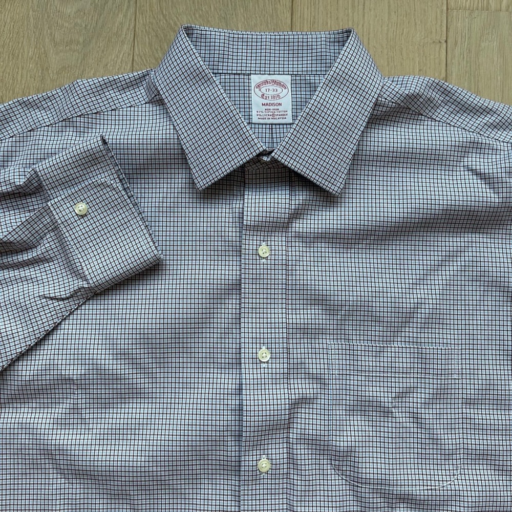 Brooks Brothers Dress Shirt 17-33 Blue Grid Micro Check Non-Iron Madison Fit